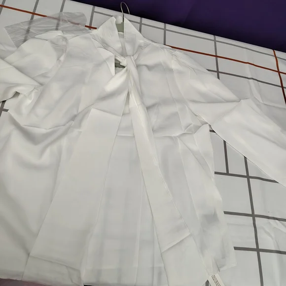 White Long Sleeve Bow Tie Neck Blouse - Picture 5 of 8